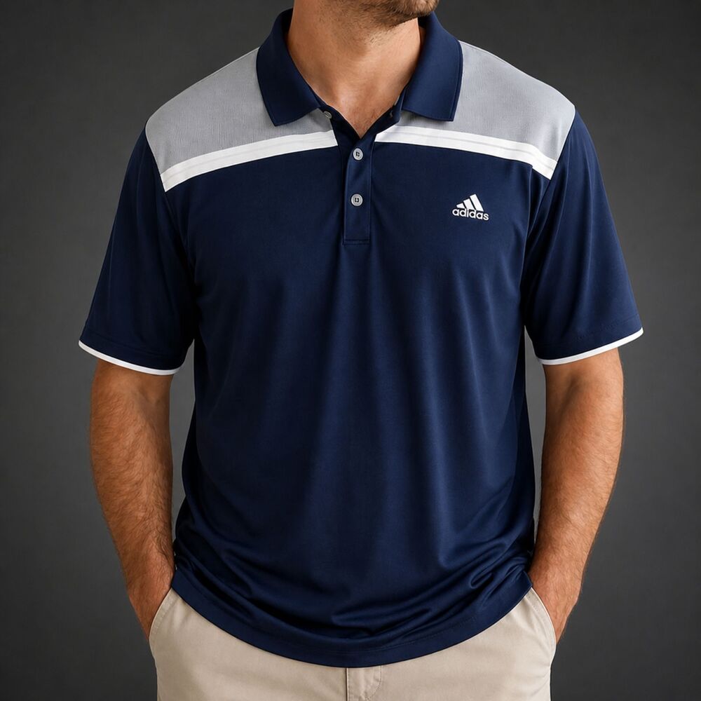 Adidas Golf Polo Shirt Mens XL Navy Blue Climalite Performance Stripe Athletic